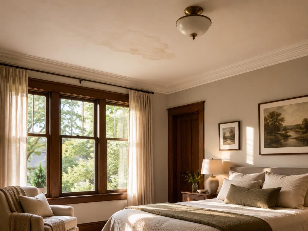 Traditional bedroom with wood window trim, ceiling light fixture, and water stain on ceiling