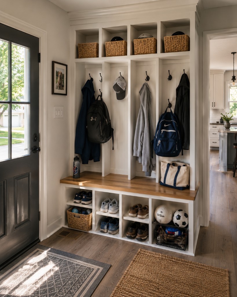 Contemporary family mudroom with white built-ins, oak bench, hooks, baskets, and organized shoes