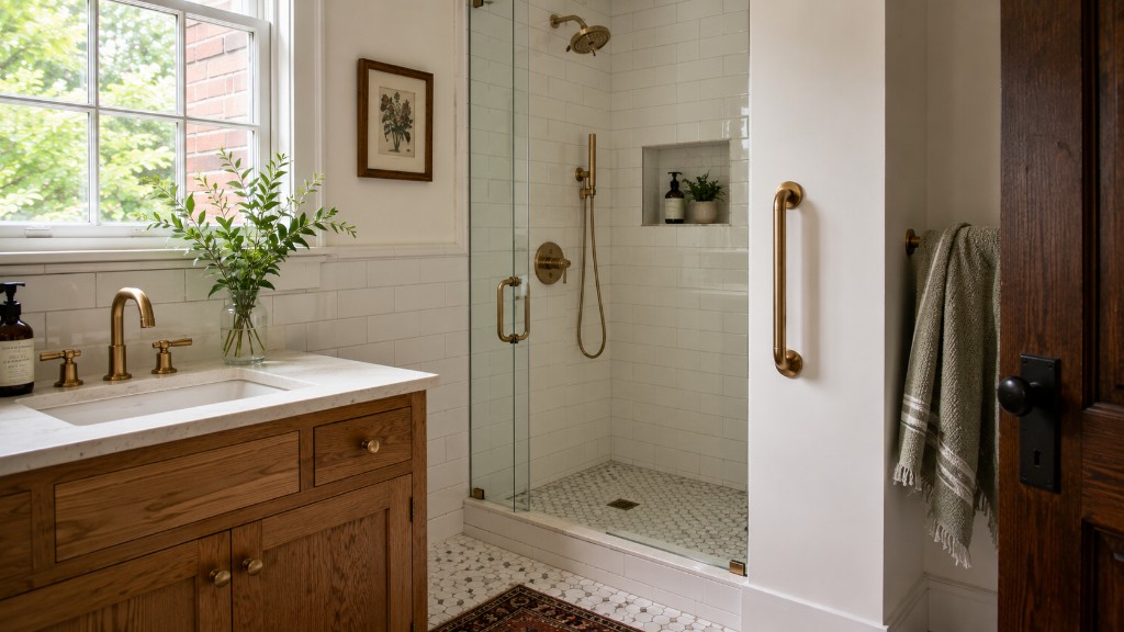 Renovated bathroom with white subway tile, oak vanity, brass fixtures, and glass shower