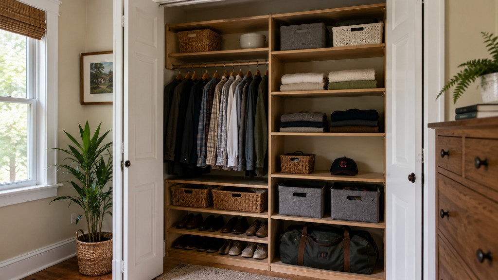 Custom light-wood closet organizer with hanging shirts, shoe shelves, and wicker storage baskets