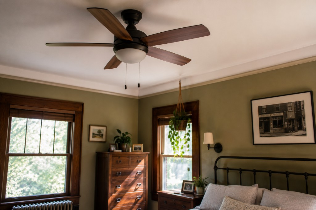 Bedroom with sage green walls, wood-trimmed windows, and a ceiling fan