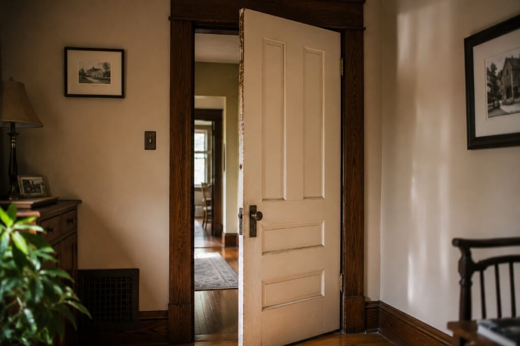 White paneled interior door standing open in a home with dark wood trim
