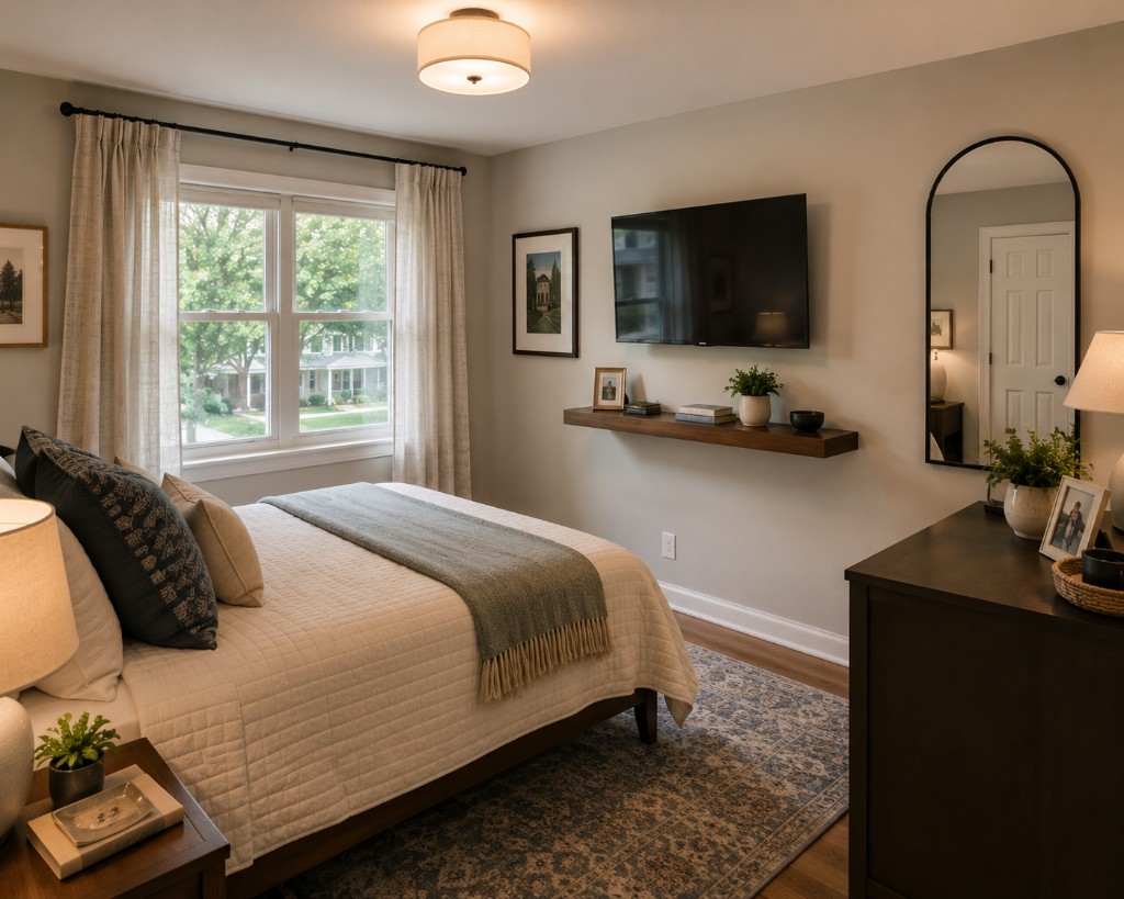 Finished guest bedroom with mounted TV, floating shelf, mirror, curtains, and artwork