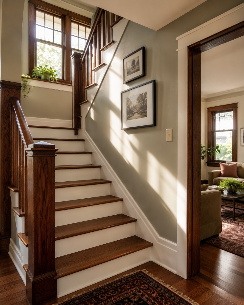 Wooden staircase with white risers and dark wood newel post in a craftsman home