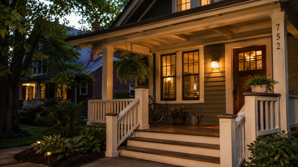 Craftsman front porch lit at dusk with warm interior light