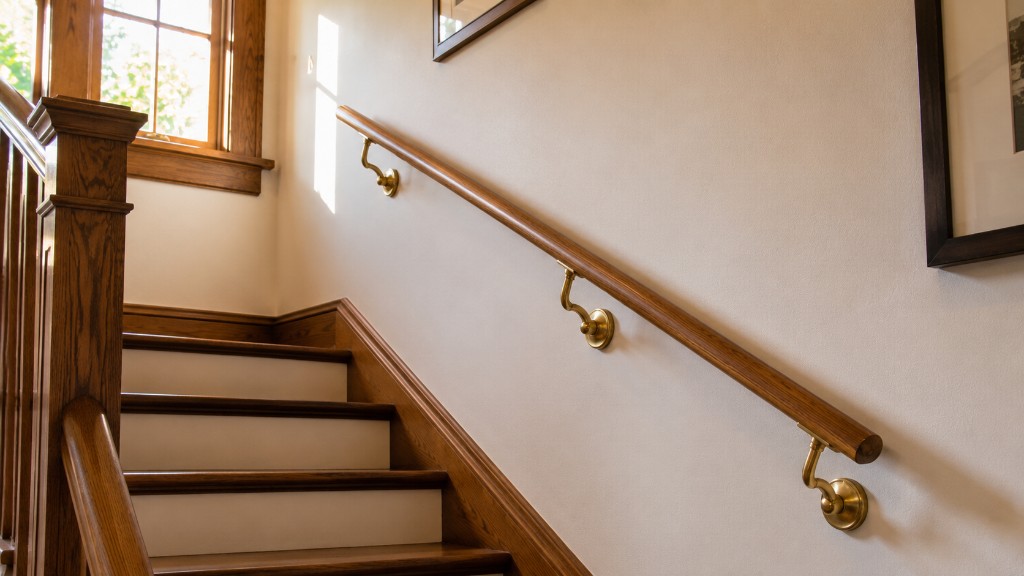 Wooden staircase with brass-mounted handrail in a craftsman home