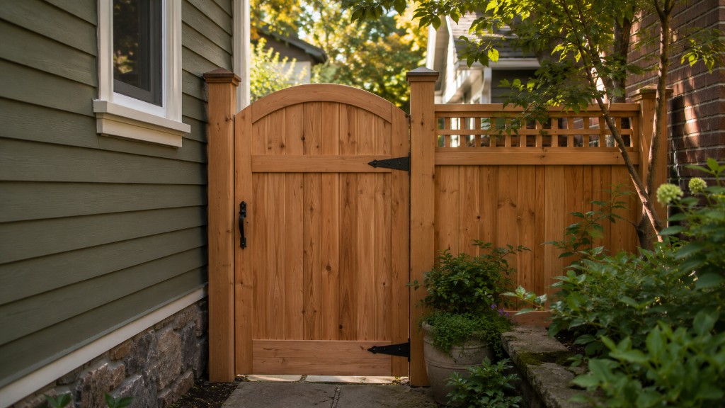 Custom arched wooden garden gate and fence beside sage green siding