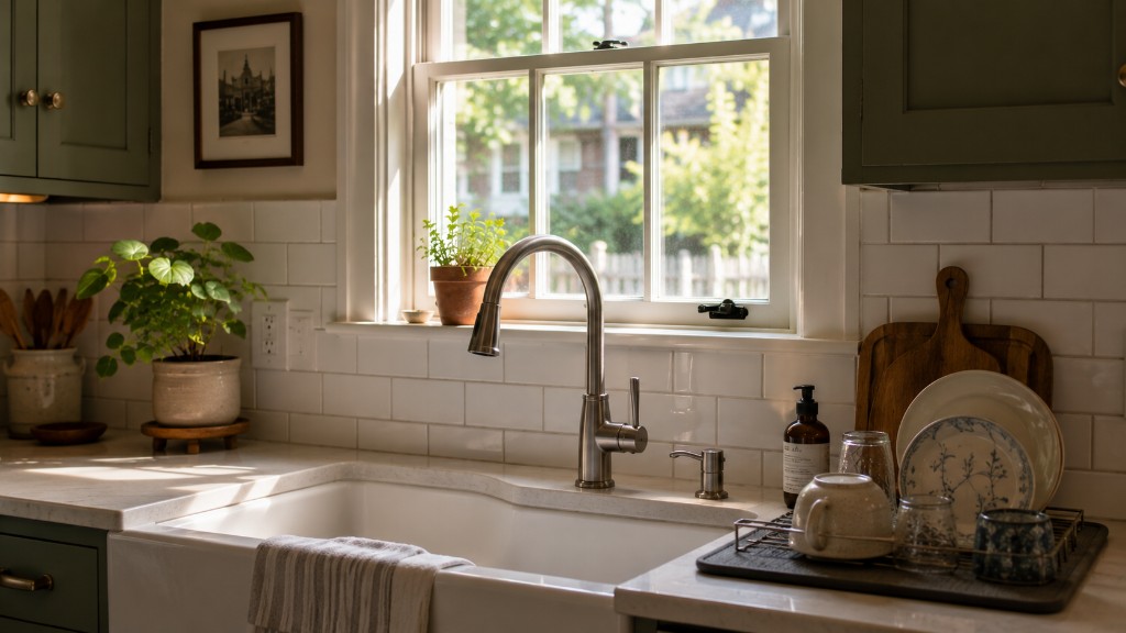 Farmhouse sink and olive-green shaker cabinets in a renovated kitchen