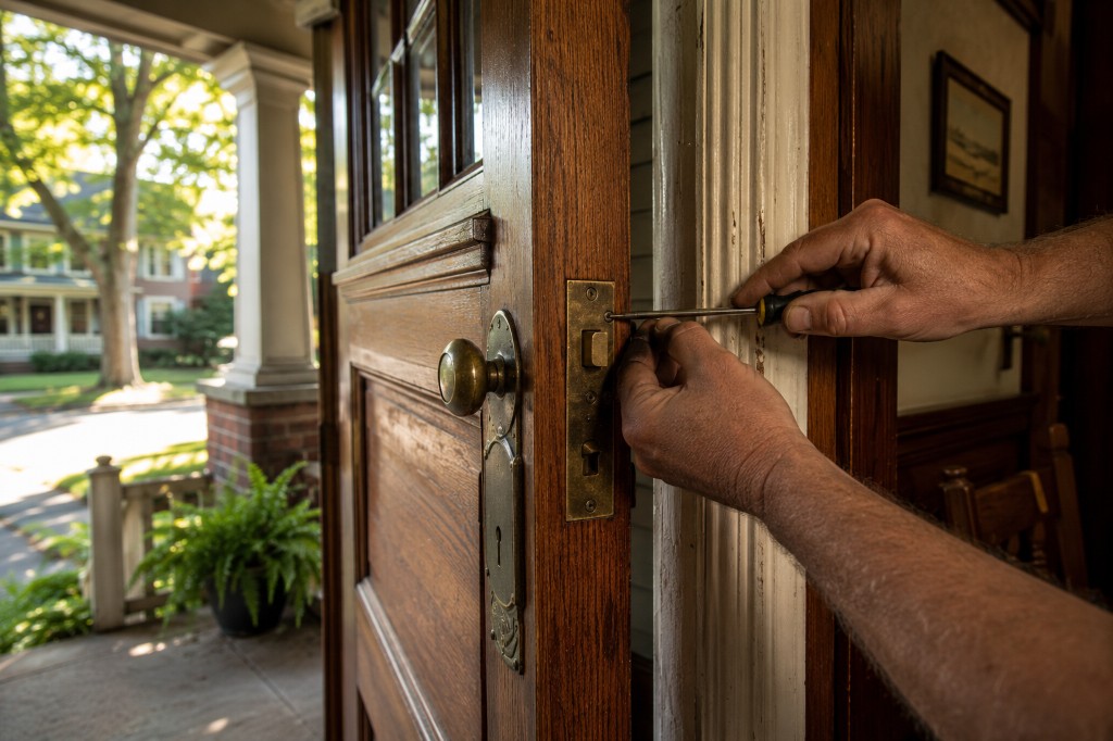 Close-up of hands repairing antique brass hardware on a wood front door