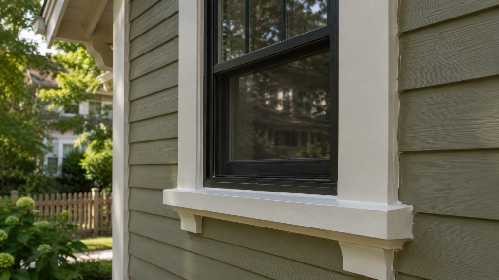 Craftsman window with white trim and sage green siding