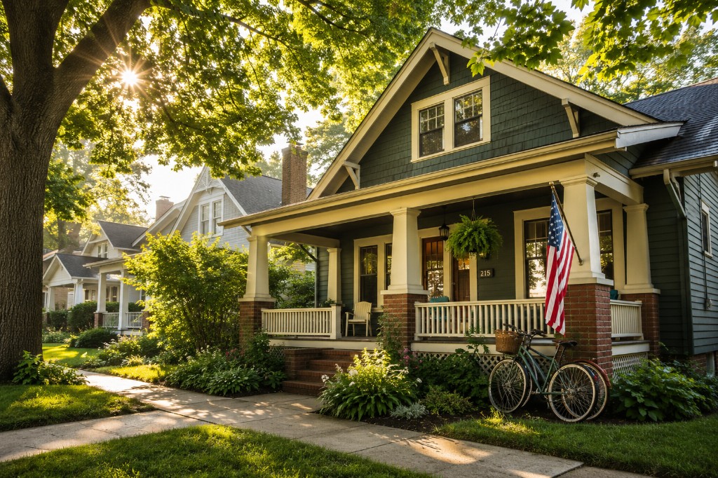 Craftsman bungalow at golden hour in a tree-lined neighborhood