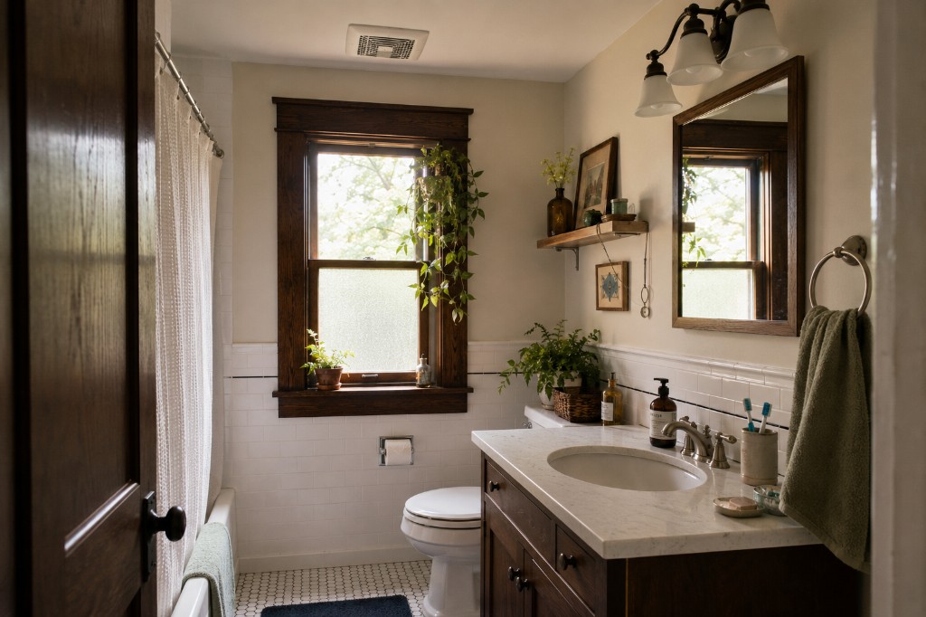 Bathroom with subway tile, dark wood vanity, hex floor tile, and window plant