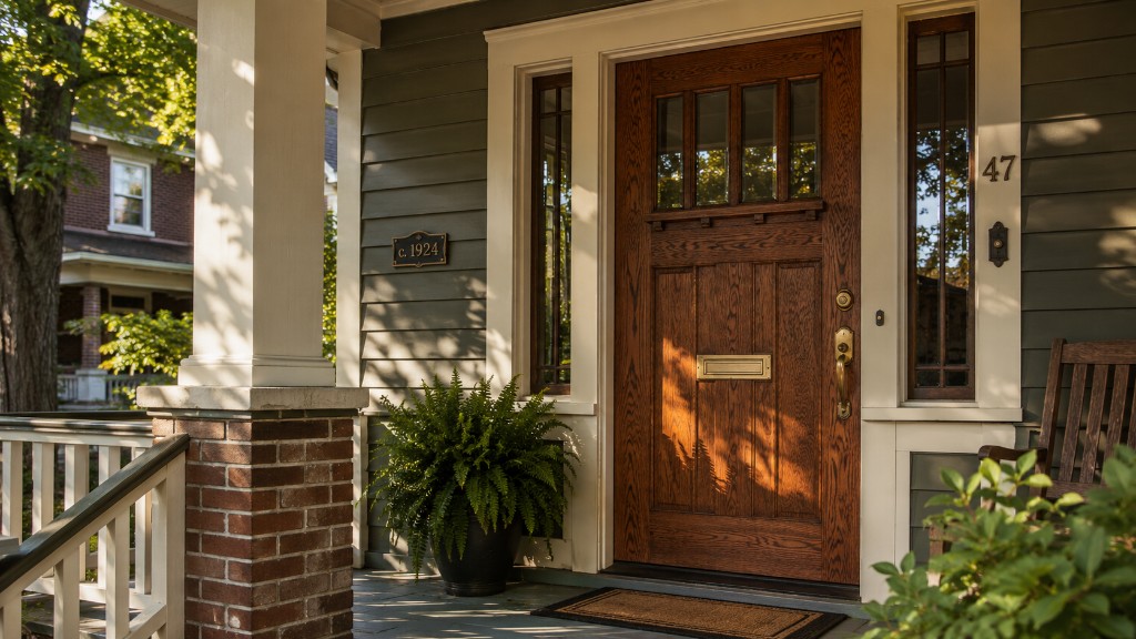 Craftsman front porch with wood door, c. 1924 plaque, and golden-hour light