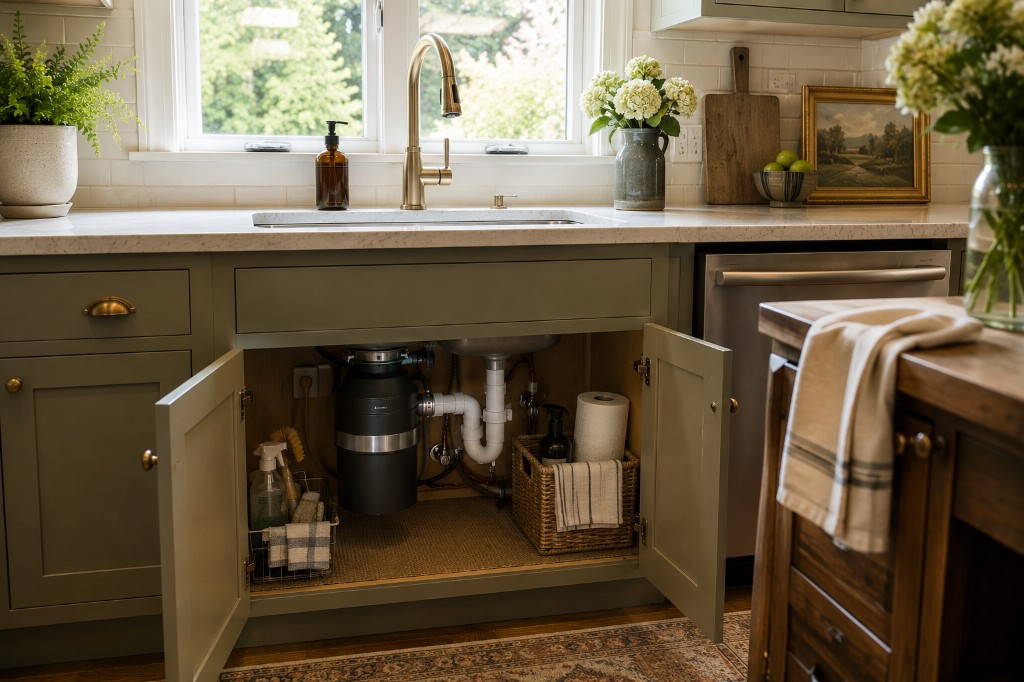 Updated traditional kitchen with sage cabinets, gold faucet, open under-sink cabinet showing garbage disposal and clean plumbing