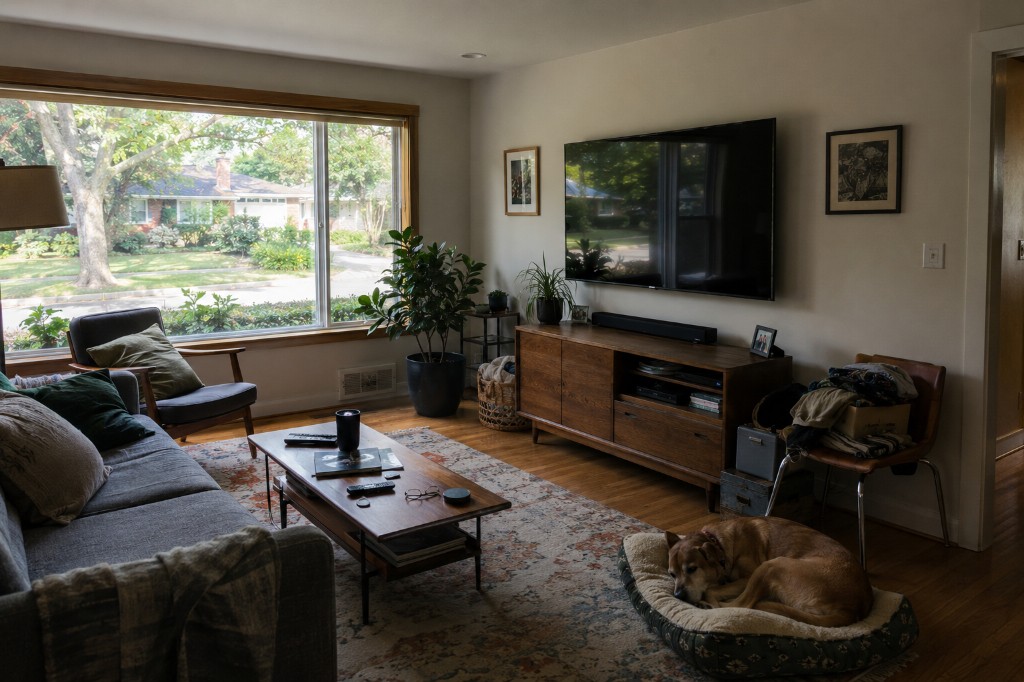 Mid-century ranch living room with wall-mounted TV, soundbar, walnut credenza, and picture window
