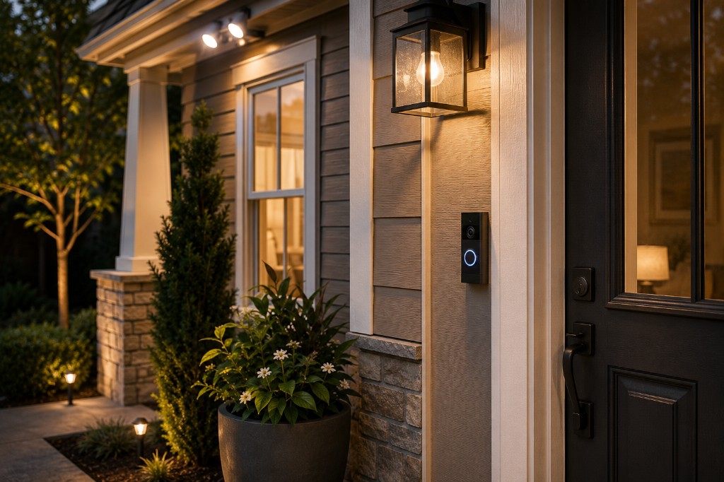 Craftsman home entryway at dusk with porch lantern, security lights, landscape lighting, smart doorbell, and smart lock