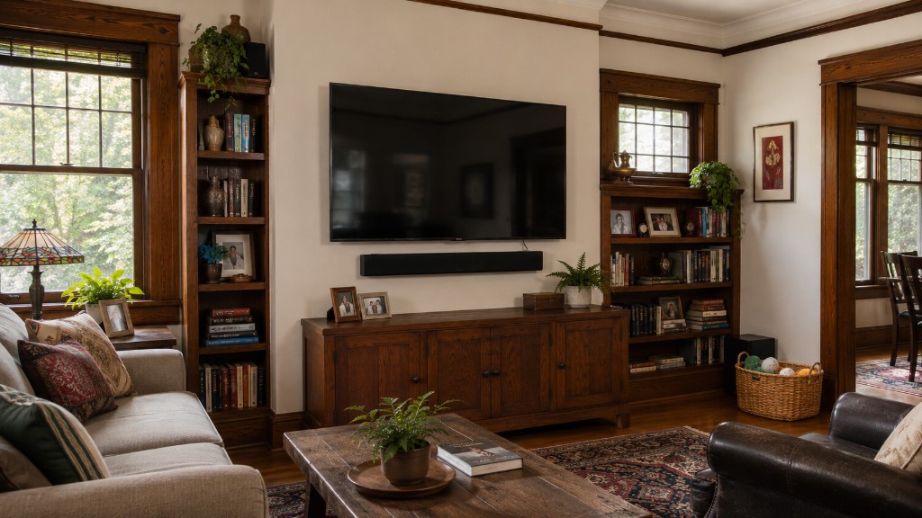 Living room with wall-mounted TV, wood media console, and built-in bookshelves