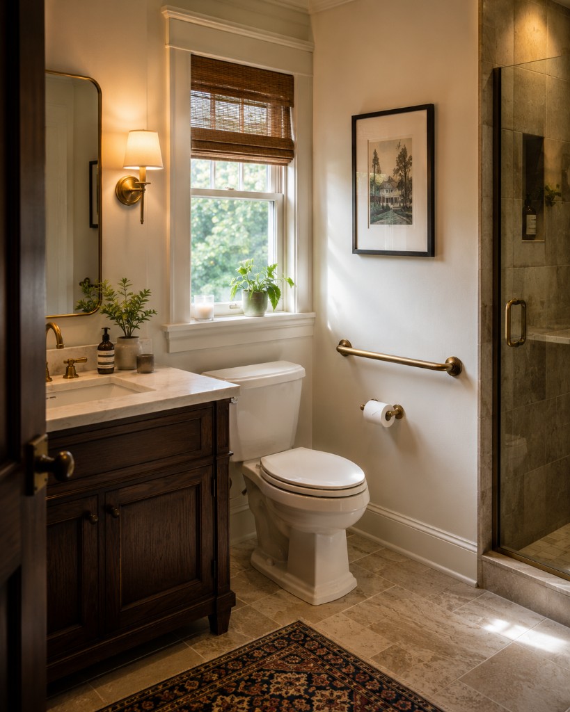 Traditional bathroom with dark wood vanity, marble top, brass sconce, and grab bar