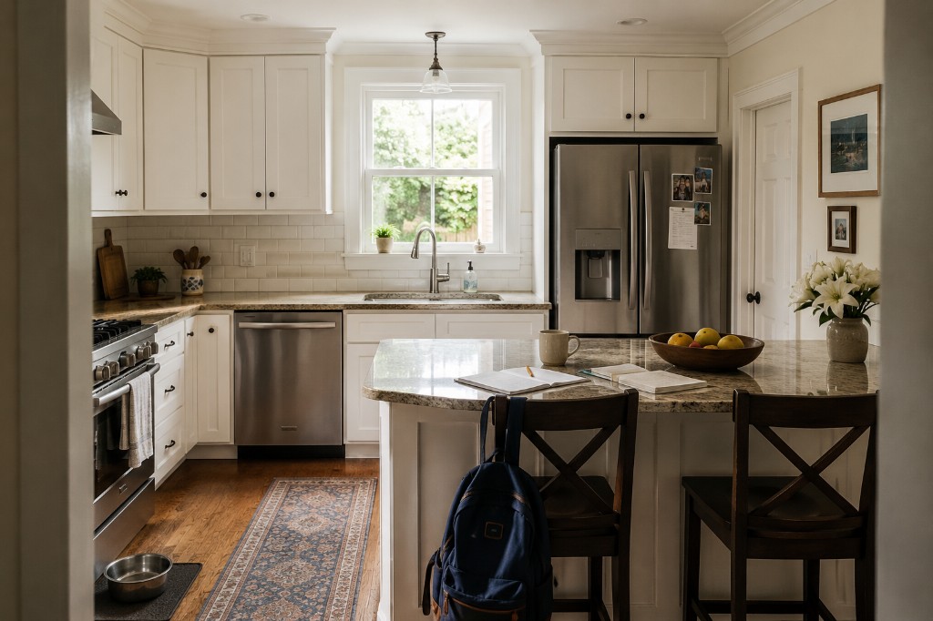 Bright traditional colonial kitchen in Worthington with white cabinets, granite counters, and a lived-in family island